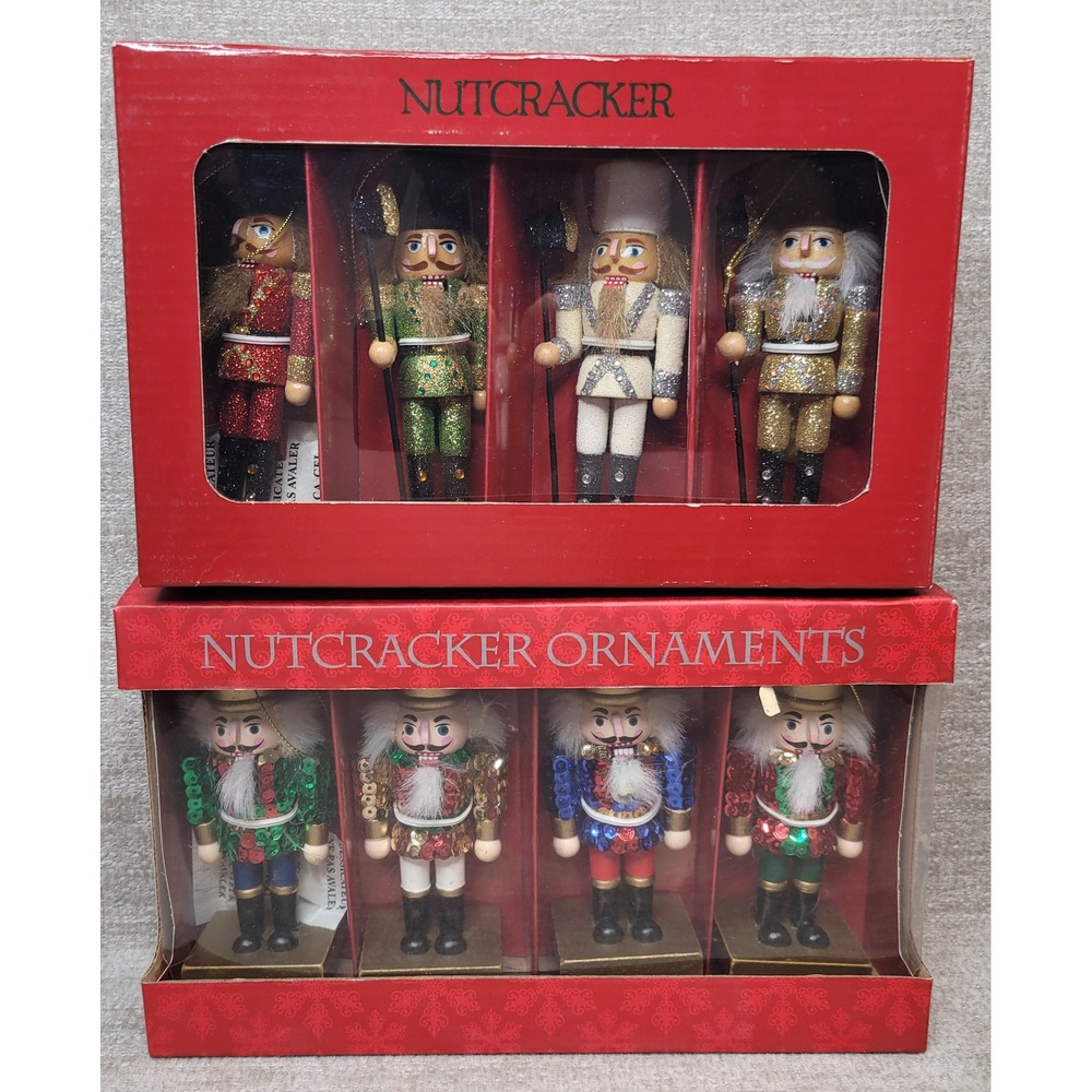 Nutcracker Ornaments Holiday Decor Lot of 8 Sequin Glitter Wooden Figures NEW